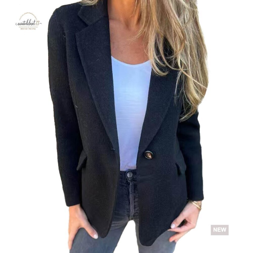 Wool Blend Blazer Notch Lapel Single Button Open Front Business Casual Jacket